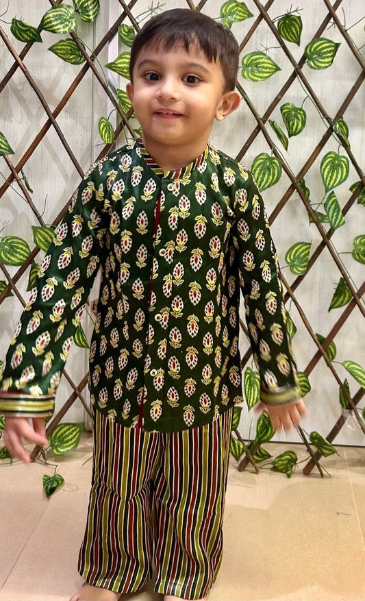 Boy's Kurta Set in Hand Block print & Pure Silk |Green