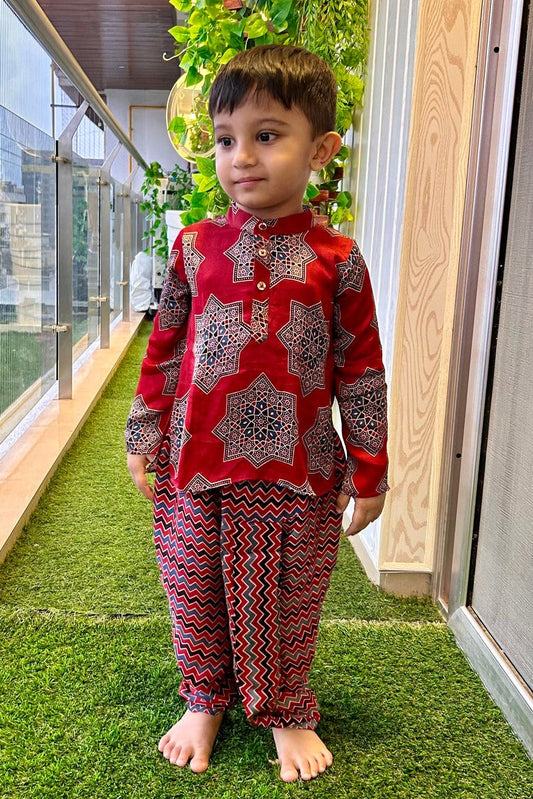 Boy's Dhoti Kurta Set in Hand Block print & Pure Silk |Red