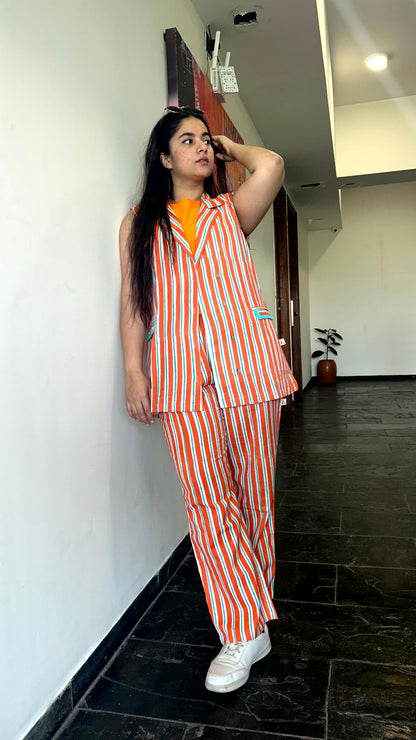 FAREHA Orange Stripe Print 3 pc Co-Ord Set