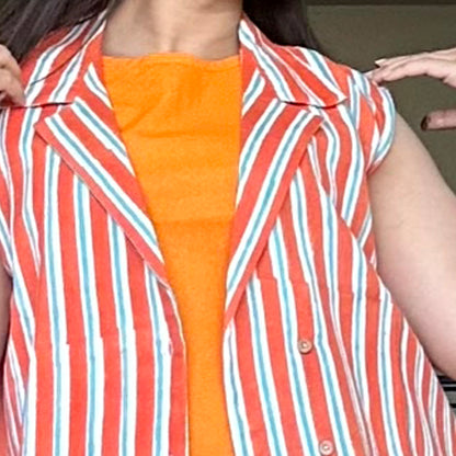 FAREHA Orange Stripe Print 3 pc Co-Ord Set