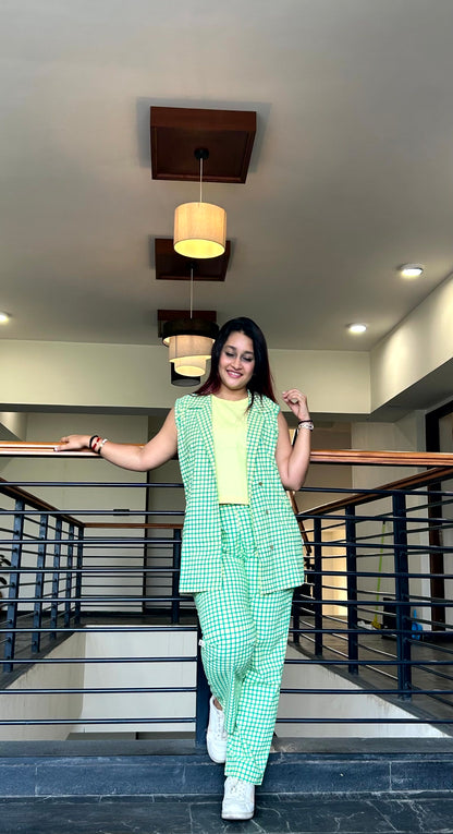 MIRA Lemon Green Checks print 3 pc Co-Ord Set