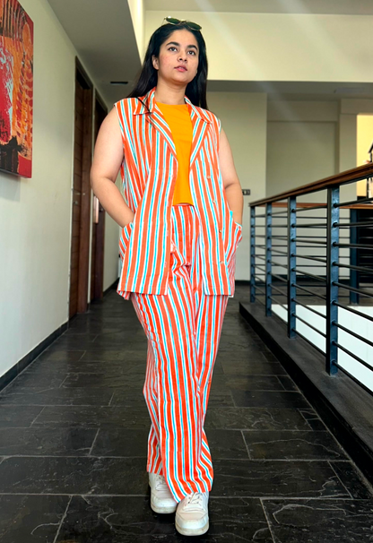 FAREHA Orange Stripe Print 3 pc Co-Ord Set