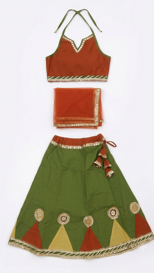 Olive Green &amp; Rust Orange Lehenga Set with Golden Embellishments