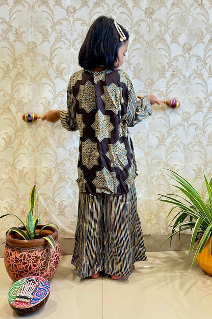 Girls's Kurta Set in Hand Block print & Pure Silk |Brown