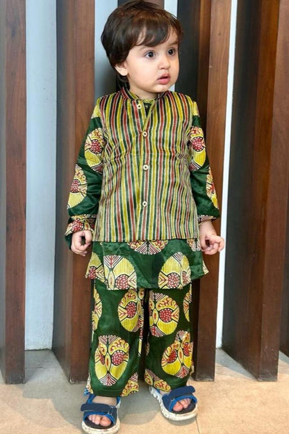 Unisex  Kurta -Bandi Set in Hand Block Print & Pure Silk |Green