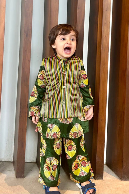 Unisex  Kurta -Bandi Set in Hand Block Print & Pure Silk |Green