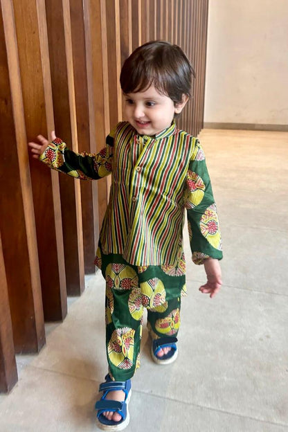 Unisex  Kurta -Bandi Set in Hand Block Print & Pure Silk |Green