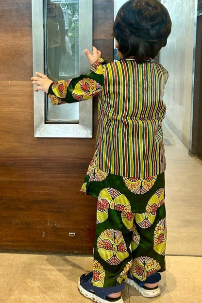 Unisex  Kurta -Bandi Set in Hand Block Print & Pure Silk |Green
