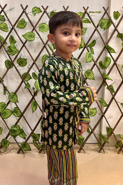 Boy's Kurta Set in Hand Block print & Pure Silk |Green