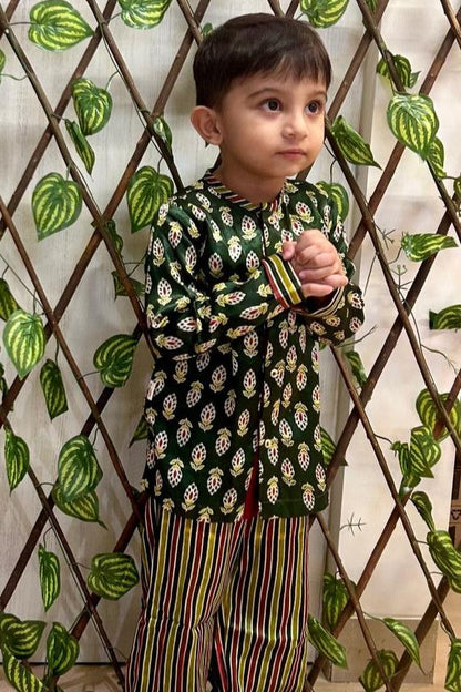 Boy's Kurta Set in Hand Block print & Pure Silk |Green
