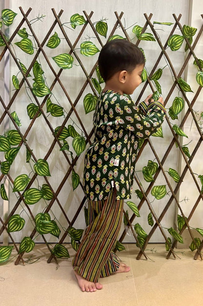 Boy's Kurta Set in Hand Block print & Pure Silk |Green