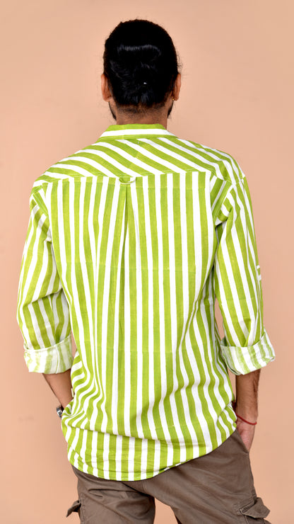 Men's Green Stripped Hand Block Print Shirt