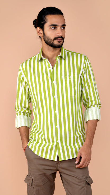 Men's Green Stripped Hand Block Print Shirt