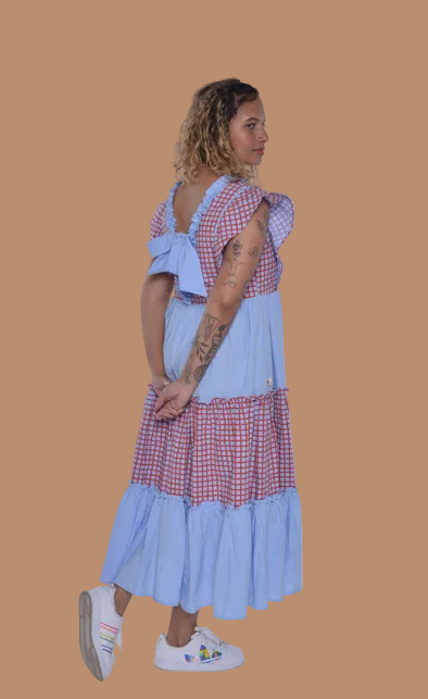 Sky Checkered Ruffle Midi Dress