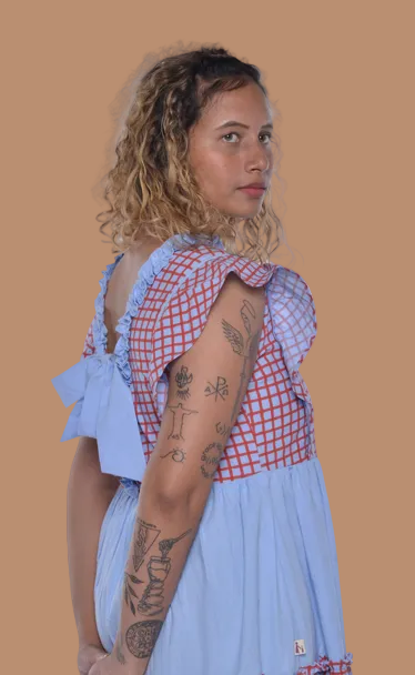 Sky Checkered Ruffle Midi Dress