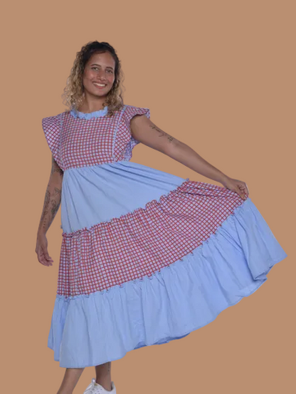 Sky Checkered Ruffle Midi Dress