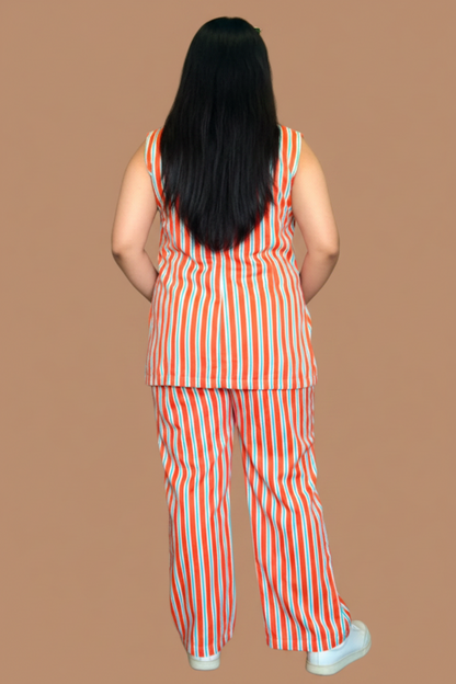FAREHA Orange Stripe Print 3 pc Co-Ord Set