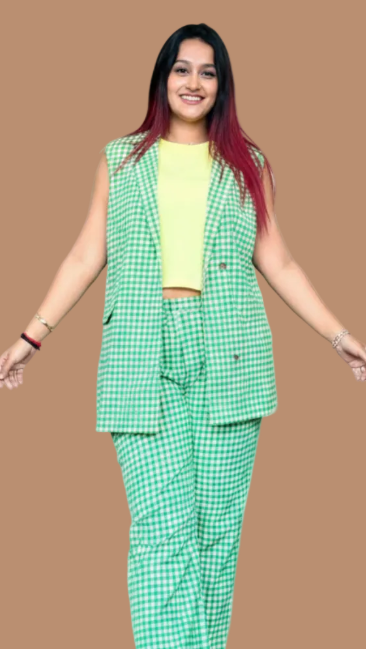 MIRA Lemon Green Checks print 3 pc Co-Ord Set