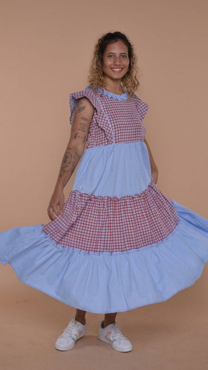 Sky Checkered Ruffle Midi Dress