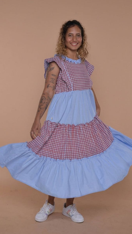 Sky Checkered Ruffle Midi Dress
